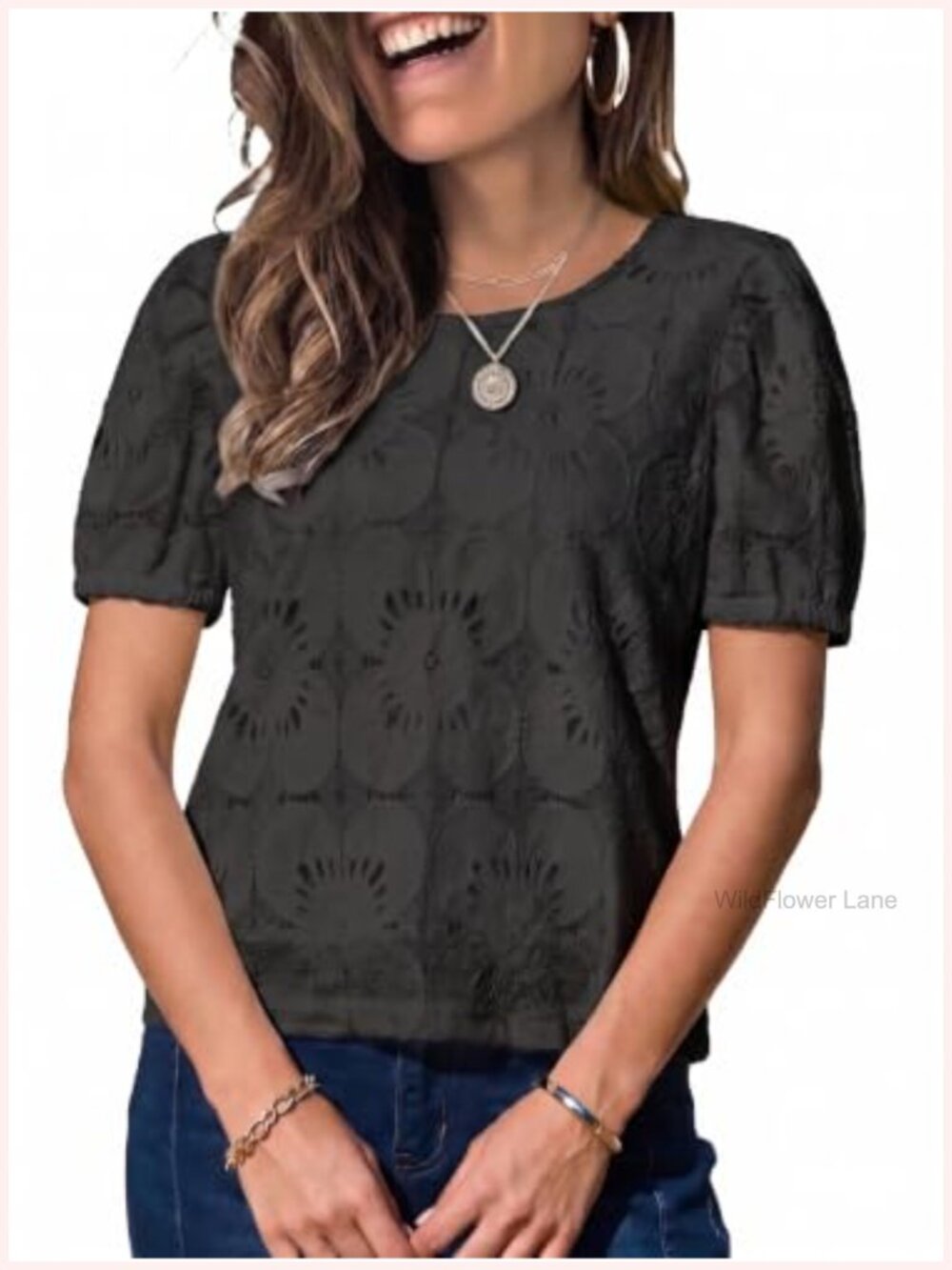 Eyelet Lace Crochet Short Sleeve Blouse Crew Neck Cotton Nylon